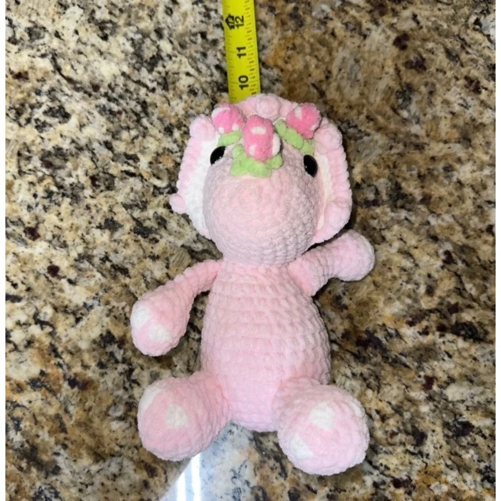 Handmade Pink Crochet Dinosaur Stuffed Animal Toy With Flowers‎ For Kids - Picture 4 of 4